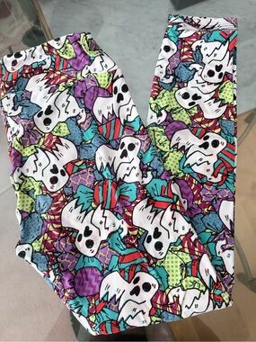 LuLaRoe Leggings with White Ghosts and Teal, Purple, Red Accents